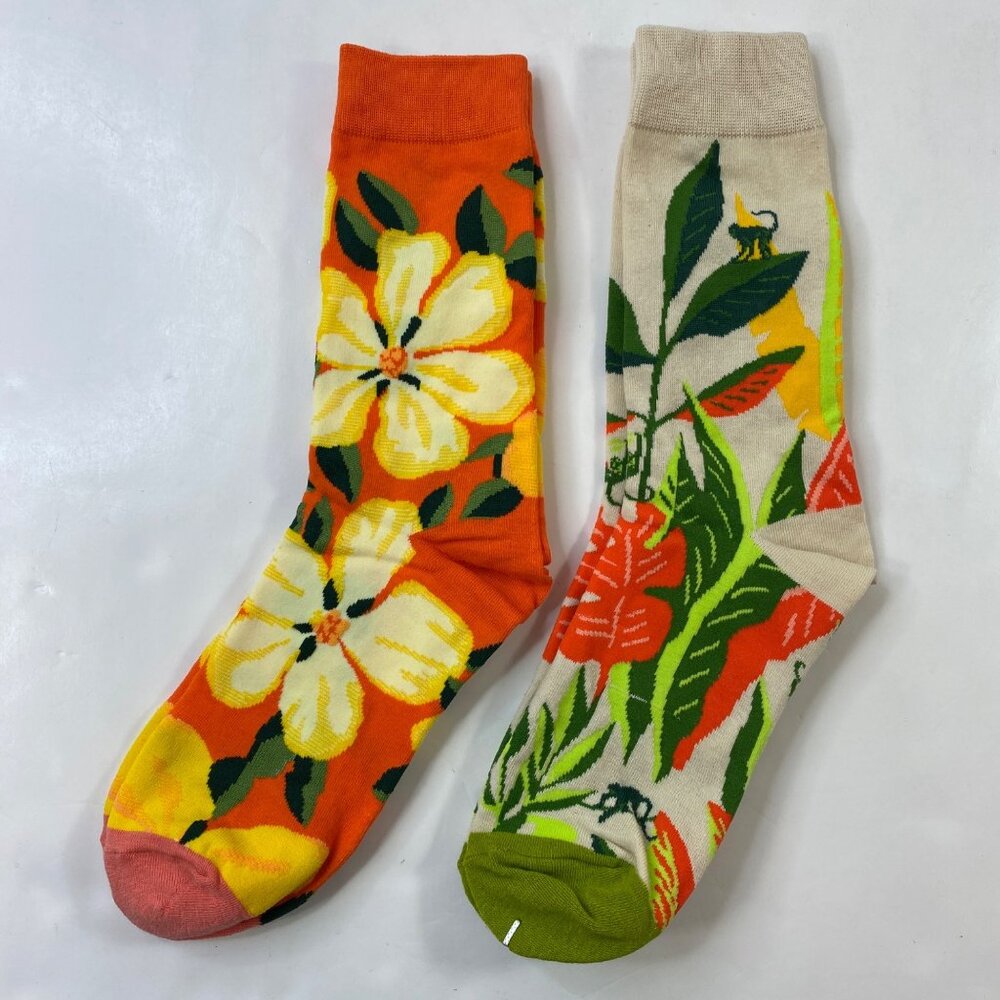 Womens Crew Socks Set 2 Floral Leaf Print Orange Beige Yellow Green